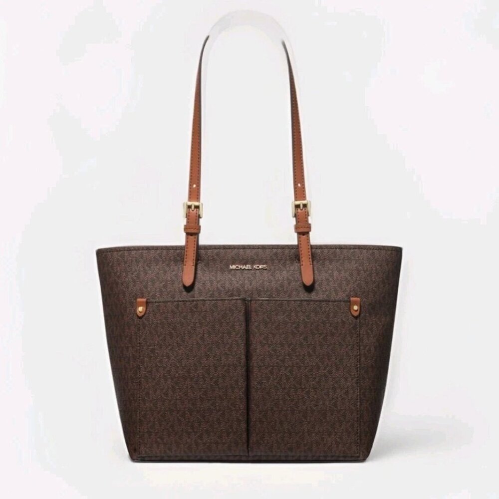 MICHAEL KORS JET SET TRAVEL MD DOUBLE POCKET TOTE SHOULDER BAG MK BROWN MOCHA